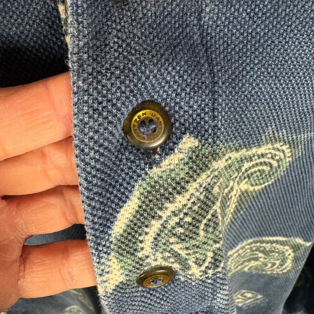 Vintage Jantzen Polo Shirt Mens Medium Blue Paisley All Over Print Short Sleeve